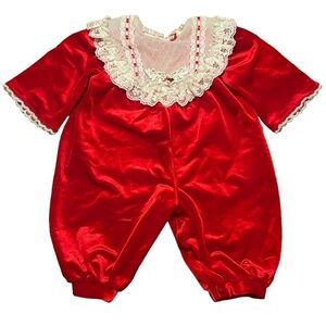 Vintage 80’s Red Velvet & Lace Christmas Holiday Romper Onesie Infant Size 6-9mo